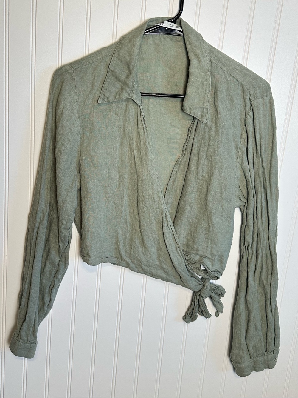 Zara 100% Linen Sage Green Wrap Top, 100% Linen Blouse